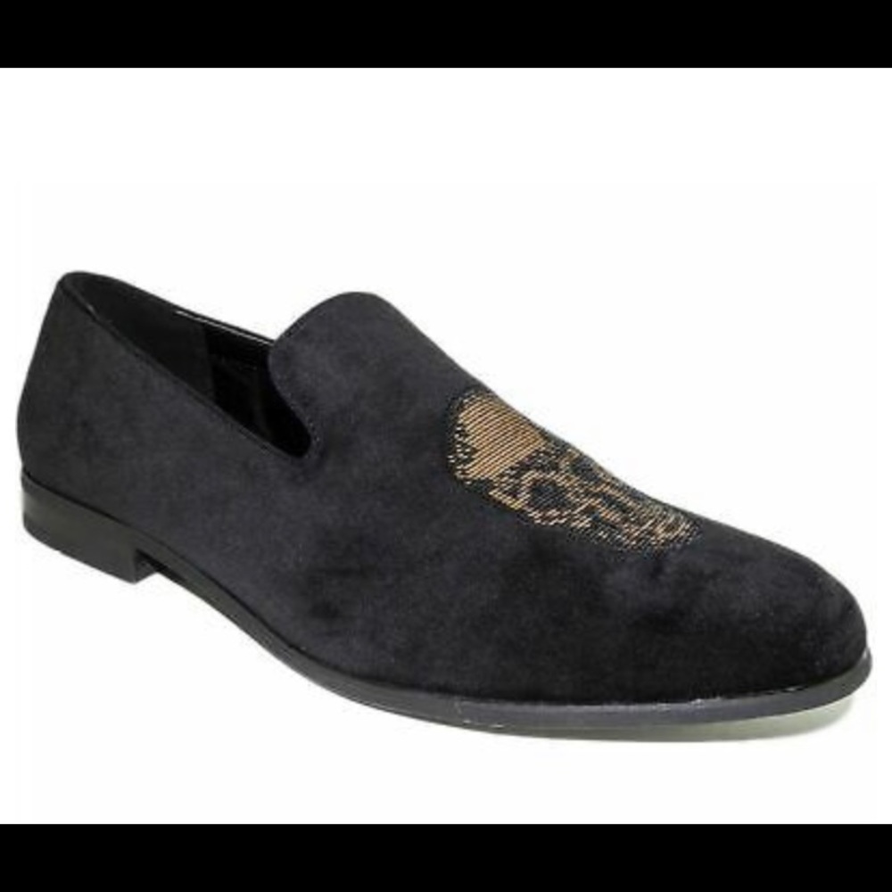 Nova Black Golden Skull Velvet Slip Ons